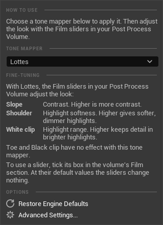 The Easy Tonemapper menu: How To Use text, a Tone Mapper drop-down set to Lottes, a Fine-Tuning guide describing the Film sliders for Lottes, and Options with Restore Engine Defaults and Advanced Settings.